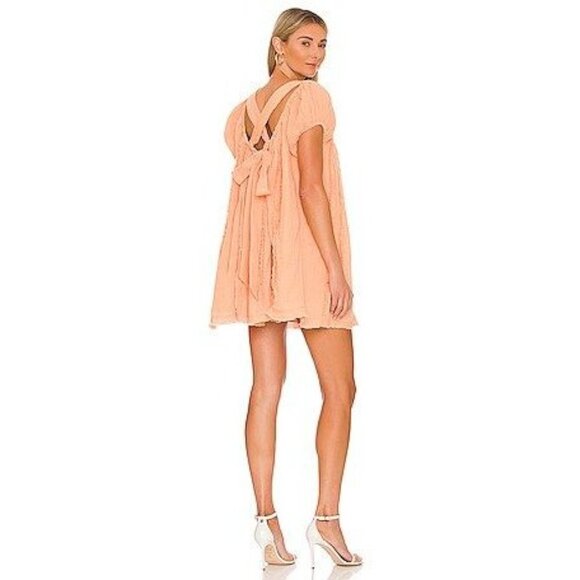 Free People Womens M Peach Angel Mini Dress Babydoll 100% Cotton Boho Chic Gauze - Picture 1 of 12